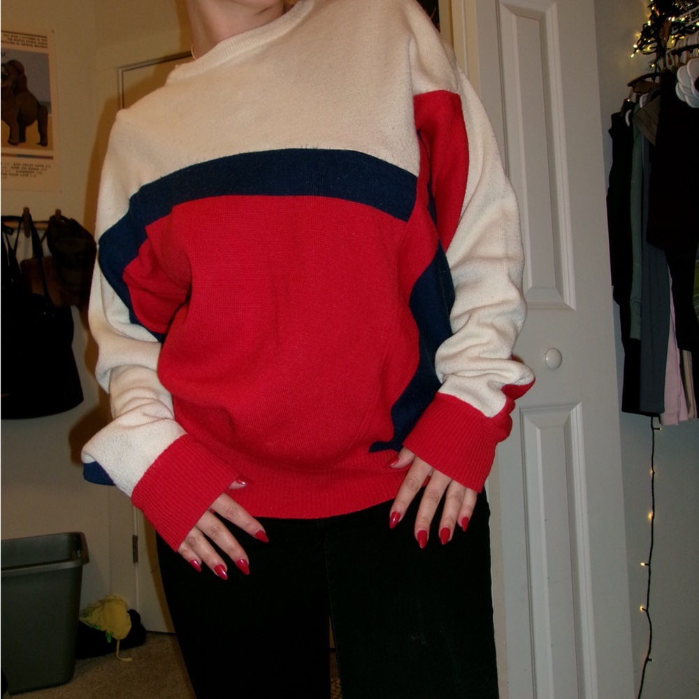 Cream Red & Navy Colorblock Sweater
